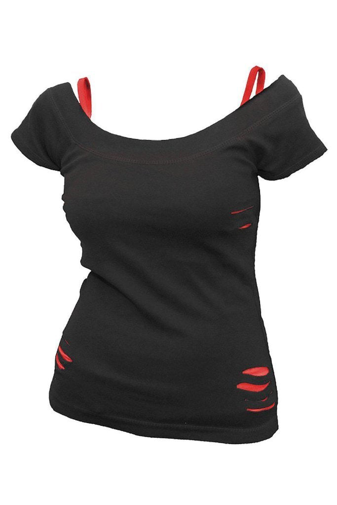 Urban Fashion - 2In1 Red Ripped Top Black-Spiral-Dark Fashion Clothing