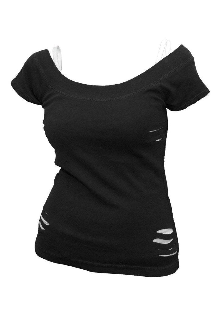 Urban Fashion - 2In1 White Ripped Top Black-Spiral-Dark Fashion Clothing