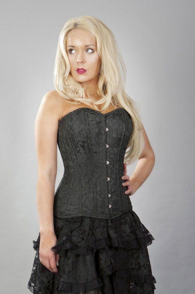 Versatile Long Line Double Steel Boned Overbust Corset In Scroll Brocade-Burleska-Dark Fashion Clothing
