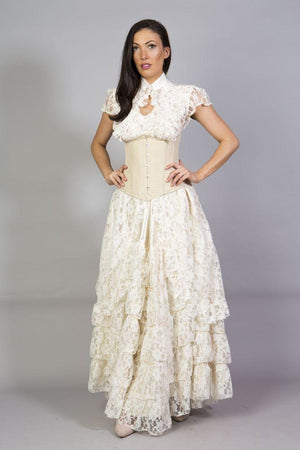 Victorian Long Gothic Skirt In Cream & Cream Lace Overlay-Burleska-Dark Fashion Clothing