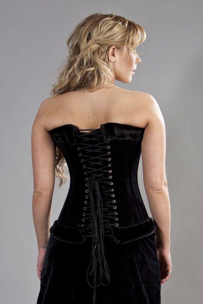 Victorian Overbust Corset Black Flock & Black Fur-Burleska-Dark Fashion Clothing