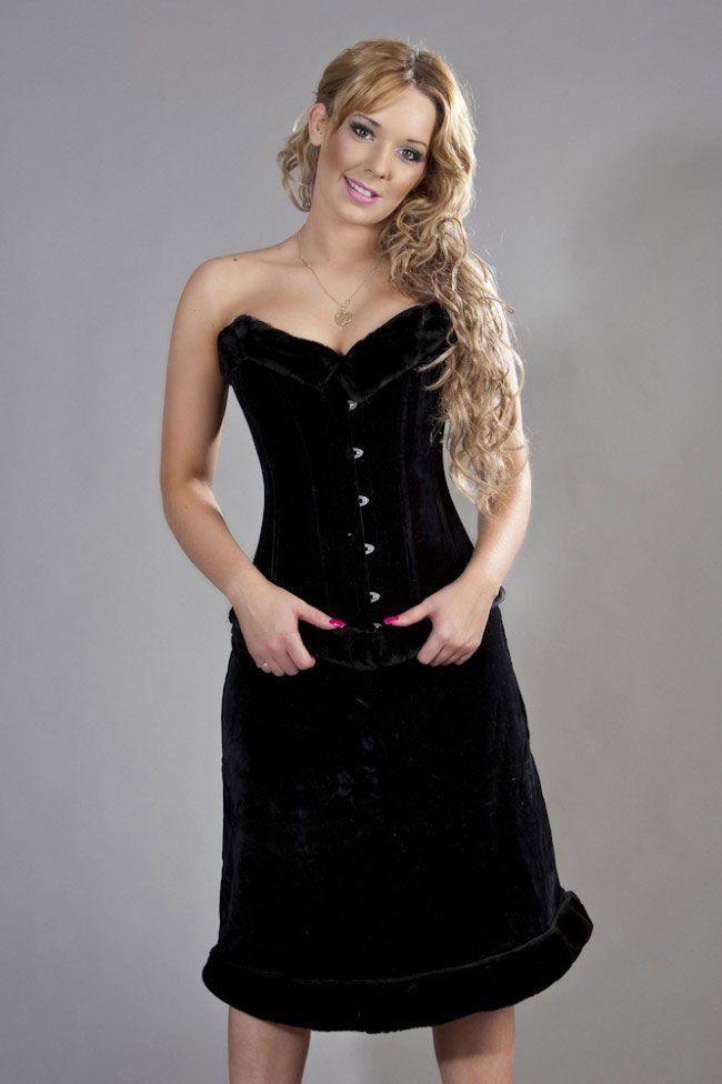 Victorian Overbust Corset Black Flock & Black Fur-Burleska-Dark Fashion Clothing