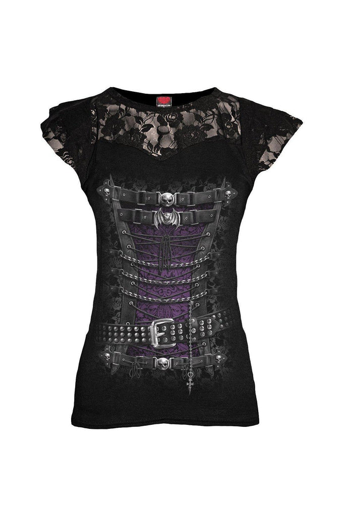 Waisted Corset - Lace Layered Cap Sleeve Top Black-Spiral-Dark Fashion Clothing