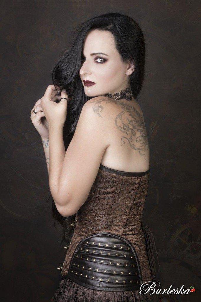 Warrior Overbust Steampunk Corset In Brown Brocade & Brown Matte Hip Panels-Burleska-Dark Fashion Clothing