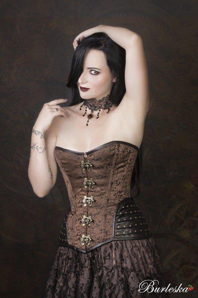 Warrior Overbust Steampunk Corset In Brown Brocade & Brown Matte Hip Panels-Burleska-Dark Fashion Clothing