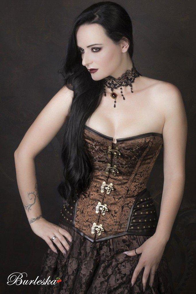 Warrior Overbust Steampunk Corset In Brown Brocade & Brown Matte Hip Panels  - Burleska - Dark Fashion Clothing