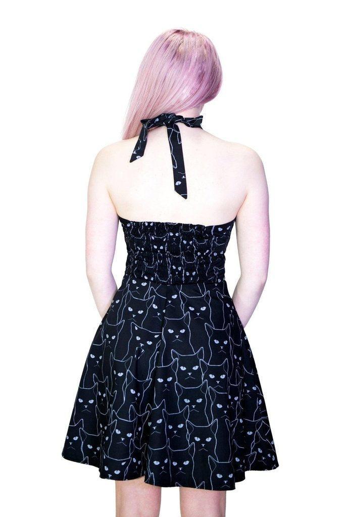 White Evil Cats Black Mini Dress - Katz-Dr Faust-Dark Fashion Clothing