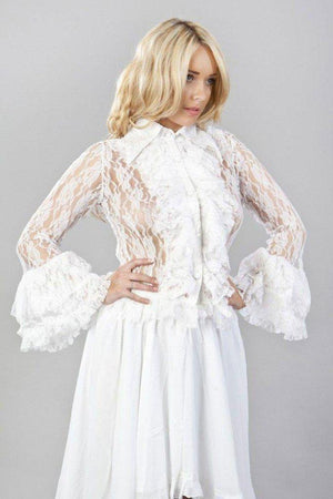 Widow Long Sleeve Ladies Vintage Shirt In White Stretch Lace-Burleska-Dark Fashion Clothing