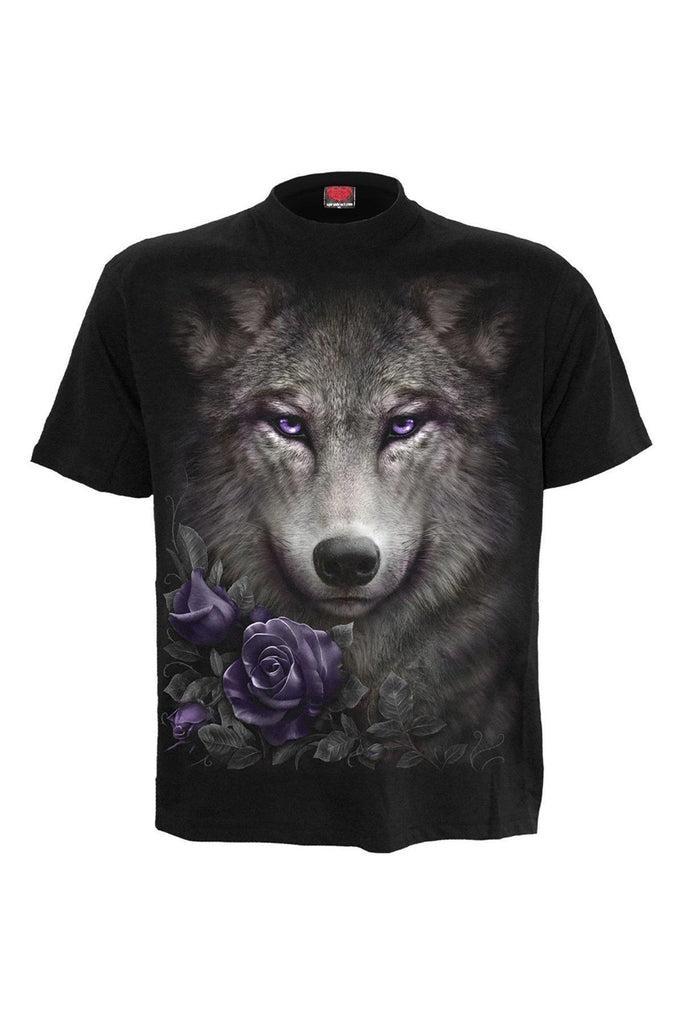 Wolf Roses - Front Print T-Shirt Black-Spiral-Dark Fashion Clothing