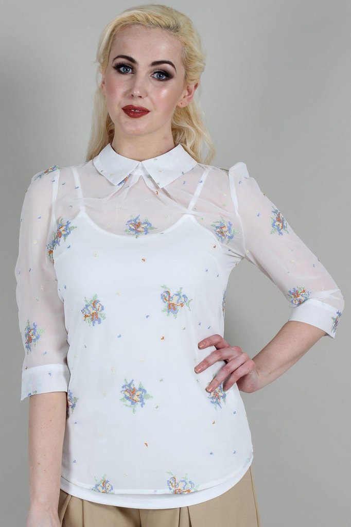 Wonder White Chiffon Floral Embroidered Blouse-Voodoo Vixen-Dark Fashion Clothing