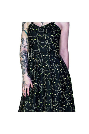 Yellow Evil Cats Black Midi Dress - Katz-Dr Faust-Dark Fashion Clothing