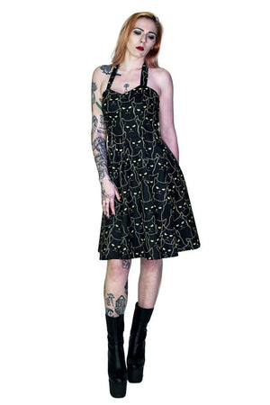 Yellow Evil Cats Black Midi Dress - Katz-Dr Faust-Dark Fashion Clothing