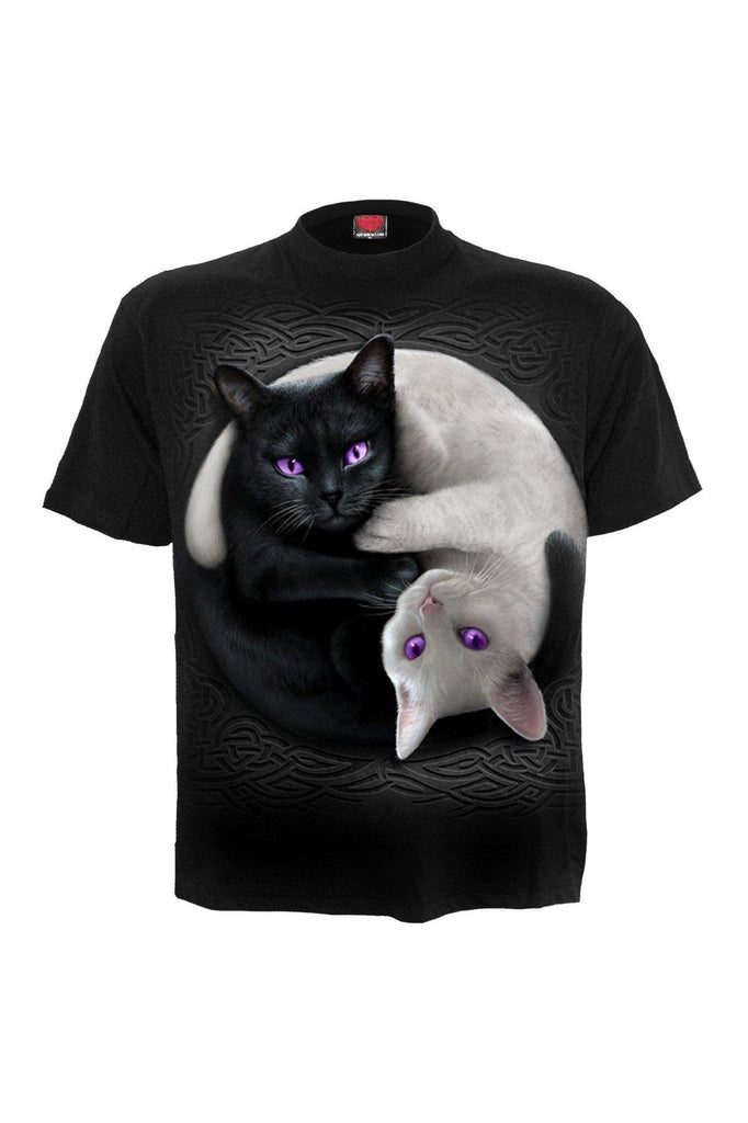 Yin Yang Cats - Front Print T-Shirt Black-Spiral-Dark Fashion Clothing
